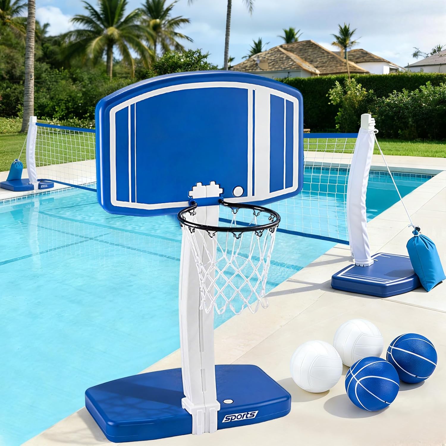 Basketball Hoop - Bovengrondse zwembad basketbalring en volleybalnet 2-in-1,